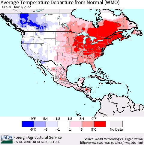 North America Average Temperature Departure from Normal (WMO) Thematic Map For 10/31/2022 - 11/6/2022