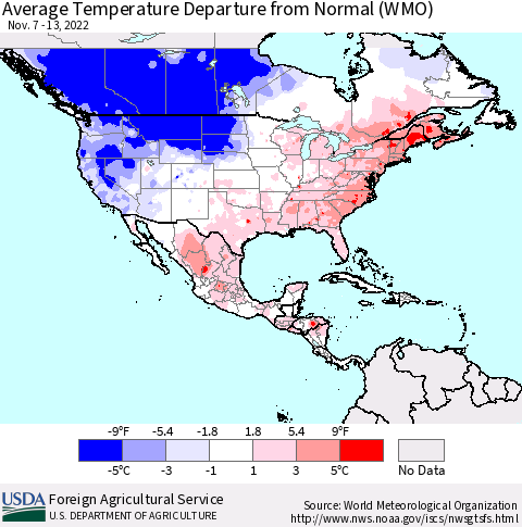 North America Average Temperature Departure from Normal (WMO) Thematic Map For 11/7/2022 - 11/13/2022