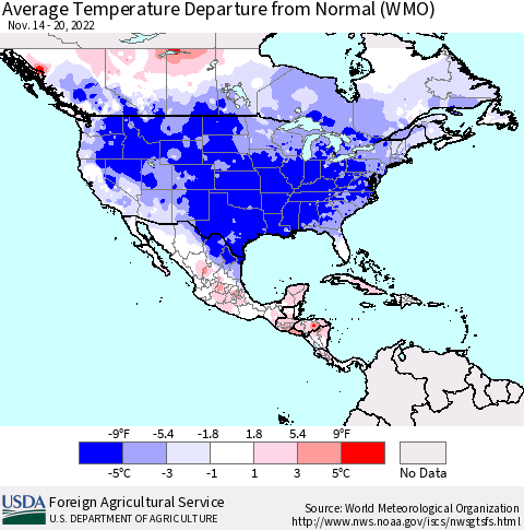 North America Average Temperature Departure from Normal (WMO) Thematic Map For 11/14/2022 - 11/20/2022