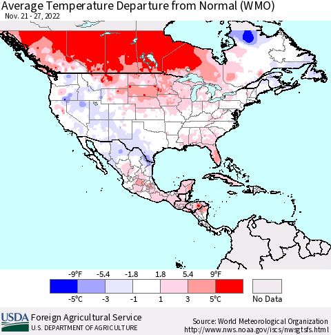 North America Average Temperature Departure from Normal (WMO) Thematic Map For 11/21/2022 - 11/27/2022
