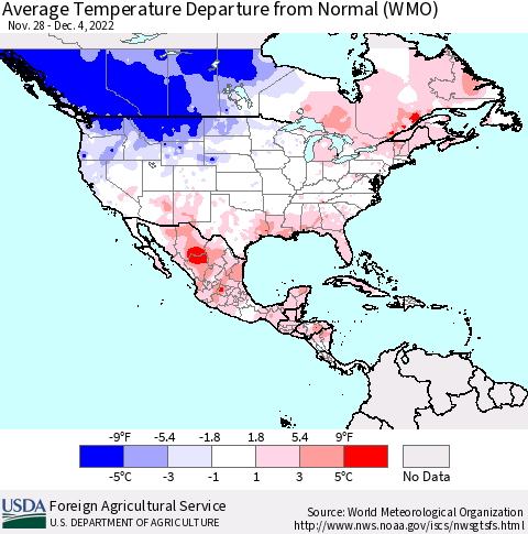 North America Average Temperature Departure from Normal (WMO) Thematic Map For 11/28/2022 - 12/4/2022