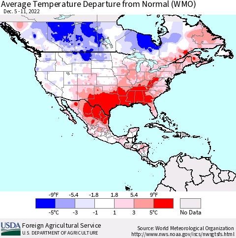 North America Average Temperature Departure from Normal (WMO) Thematic Map For 12/5/2022 - 12/11/2022