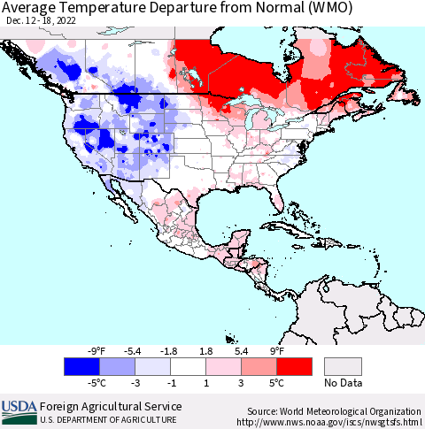 North America Average Temperature Departure from Normal (WMO) Thematic Map For 12/12/2022 - 12/18/2022
