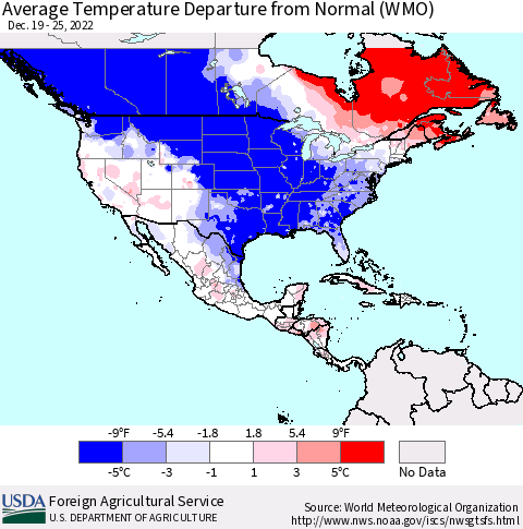 North America Average Temperature Departure from Normal (WMO) Thematic Map For 12/19/2022 - 12/25/2022