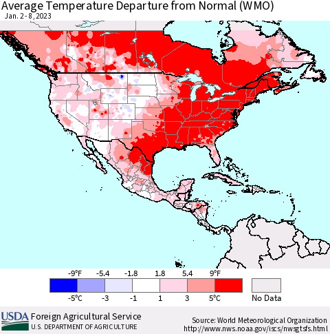 North America Average Temperature Departure from Normal (WMO) Thematic Map For 1/2/2023 - 1/8/2023
