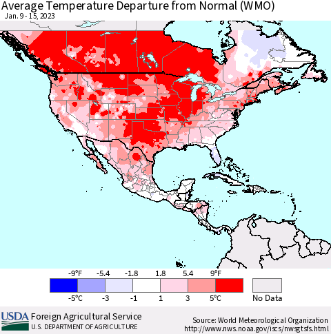 North America Average Temperature Departure from Normal (WMO) Thematic Map For 1/9/2023 - 1/15/2023
