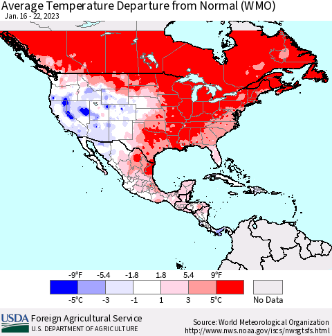 North America Average Temperature Departure from Normal (WMO) Thematic Map For 1/16/2023 - 1/22/2023