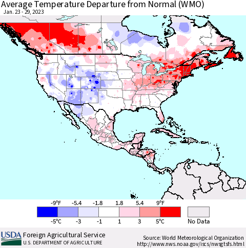 North America Average Temperature Departure from Normal (WMO) Thematic Map For 1/23/2023 - 1/29/2023