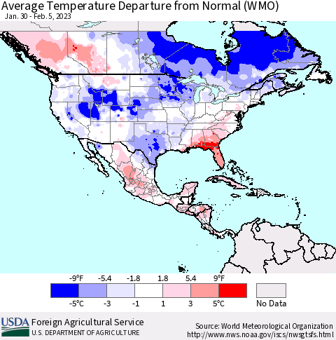 North America Average Temperature Departure from Normal (WMO) Thematic Map For 1/30/2023 - 2/5/2023