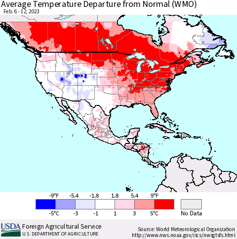 North America Average Temperature Departure from Normal (WMO) Thematic Map For 2/6/2023 - 2/12/2023