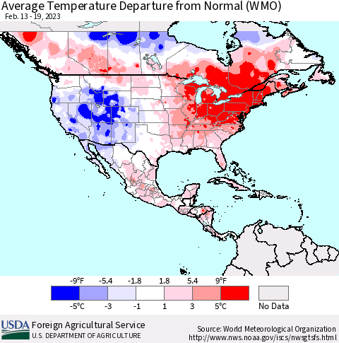North America Average Temperature Departure from Normal (WMO) Thematic Map For 2/13/2023 - 2/19/2023