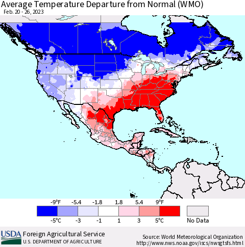 North America Average Temperature Departure from Normal (WMO) Thematic Map For 2/20/2023 - 2/26/2023