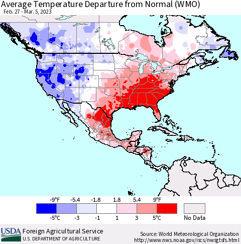 North America Average Temperature Departure from Normal (WMO) Thematic Map For 2/27/2023 - 3/5/2023
