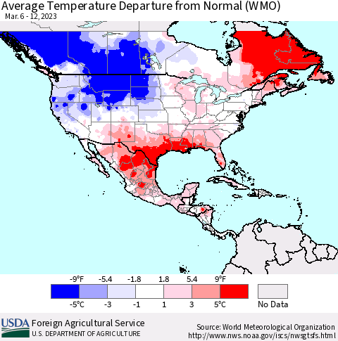 North America Average Temperature Departure from Normal (WMO) Thematic Map For 3/6/2023 - 3/12/2023