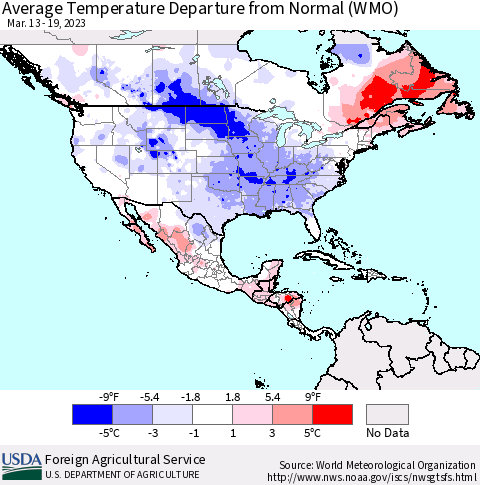 North America Average Temperature Departure from Normal (WMO) Thematic Map For 3/13/2023 - 3/19/2023