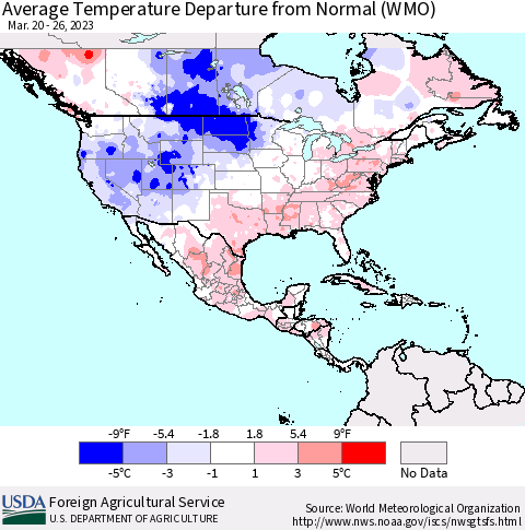 North America Average Temperature Departure from Normal (WMO) Thematic Map For 3/20/2023 - 3/26/2023