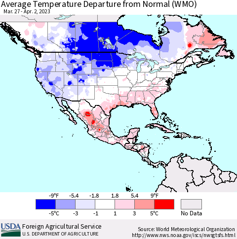 North America Average Temperature Departure from Normal (WMO) Thematic Map For 3/27/2023 - 4/2/2023