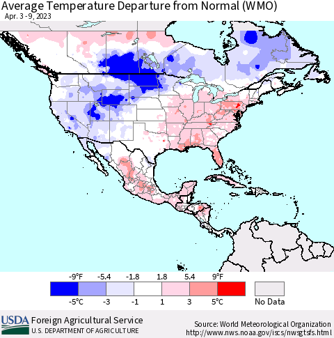 North America Average Temperature Departure from Normal (WMO) Thematic Map For 4/3/2023 - 4/9/2023