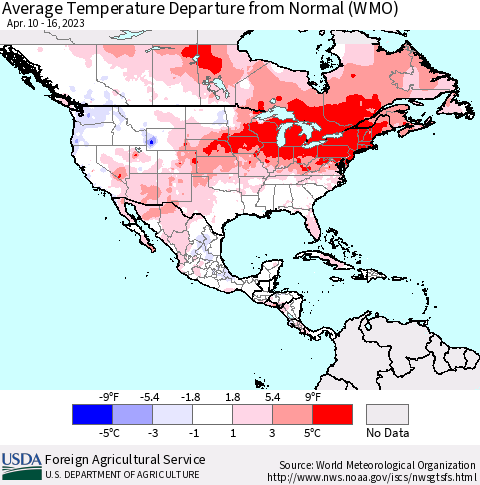 North America Average Temperature Departure from Normal (WMO) Thematic Map For 4/10/2023 - 4/16/2023