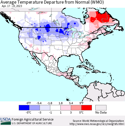 North America Average Temperature Departure from Normal (WMO) Thematic Map For 4/17/2023 - 4/23/2023