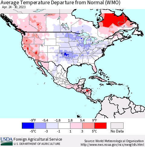 North America Average Temperature Departure from Normal (WMO) Thematic Map For 4/24/2023 - 4/30/2023