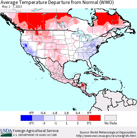 North America Average Temperature Departure from Normal (WMO) Thematic Map For 5/1/2023 - 5/7/2023