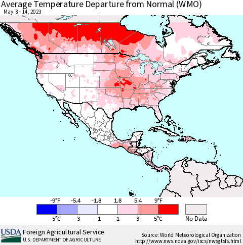 North America Average Temperature Departure from Normal (WMO) Thematic Map For 5/8/2023 - 5/14/2023