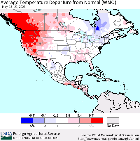 North America Average Temperature Departure from Normal (WMO) Thematic Map For 5/15/2023 - 5/21/2023