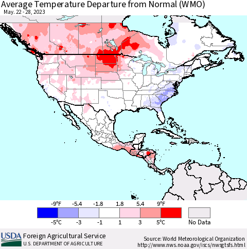 North America Average Temperature Departure from Normal (WMO) Thematic Map For 5/22/2023 - 5/28/2023