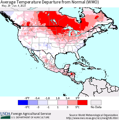 North America Average Temperature Departure from Normal (WMO) Thematic Map For 5/29/2023 - 6/4/2023