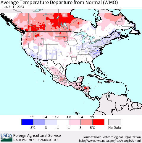 North America Average Temperature Departure from Normal (WMO) Thematic Map For 6/5/2023 - 6/11/2023