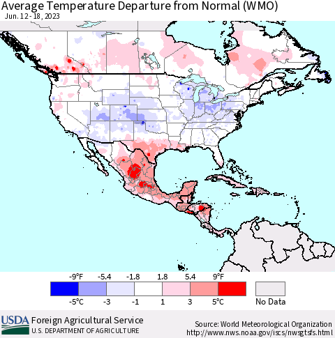 North America Average Temperature Departure from Normal (WMO) Thematic Map For 6/12/2023 - 6/18/2023