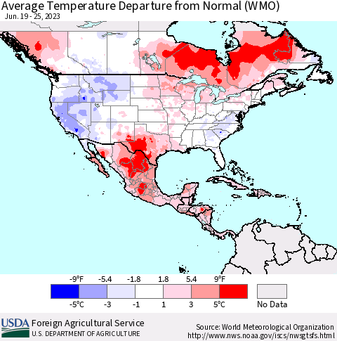 North America Average Temperature Departure from Normal (WMO) Thematic Map For 6/19/2023 - 6/25/2023