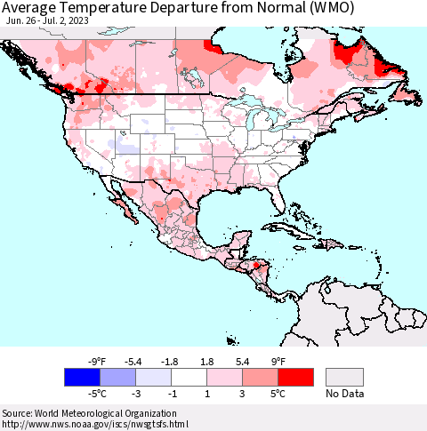 North America Average Temperature Departure from Normal (WMO) Thematic Map For 6/26/2023 - 7/2/2023