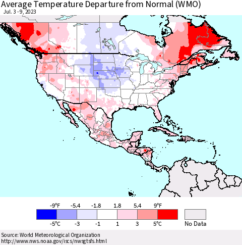 North America Average Temperature Departure from Normal (WMO) Thematic Map For 7/3/2023 - 7/9/2023