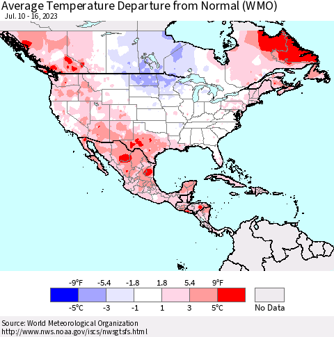 North America Average Temperature Departure from Normal (WMO) Thematic Map For 7/10/2023 - 7/16/2023