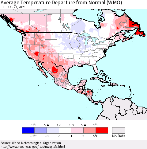 North America Average Temperature Departure from Normal (WMO) Thematic Map For 7/17/2023 - 7/23/2023