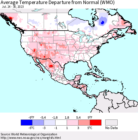 North America Average Temperature Departure from Normal (WMO) Thematic Map For 7/24/2023 - 7/30/2023