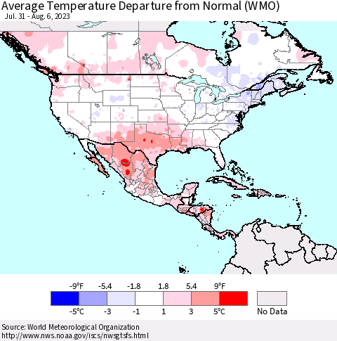 North America Average Temperature Departure from Normal (WMO) Thematic Map For 7/31/2023 - 8/6/2023