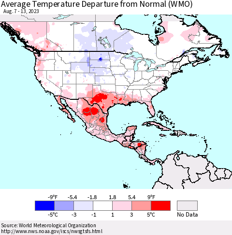North America Average Temperature Departure from Normal (WMO) Thematic Map For 8/7/2023 - 8/13/2023