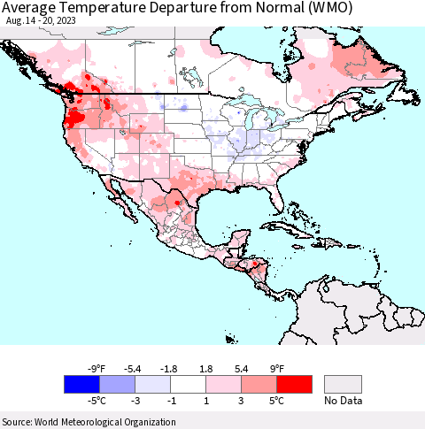 North America Average Temperature Departure from Normal (WMO) Thematic Map For 8/14/2023 - 8/20/2023