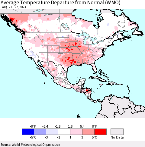 North America Average Temperature Departure from Normal (WMO) Thematic Map For 8/21/2023 - 8/27/2023