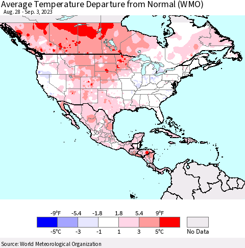 North America Average Temperature Departure from Normal (WMO) Thematic Map For 8/28/2023 - 9/3/2023