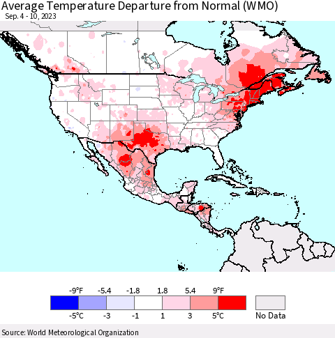 North America Average Temperature Departure from Normal (WMO) Thematic Map For 9/4/2023 - 9/10/2023