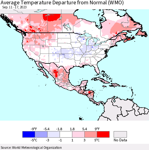 North America Average Temperature Departure from Normal (WMO) Thematic Map For 9/11/2023 - 9/17/2023