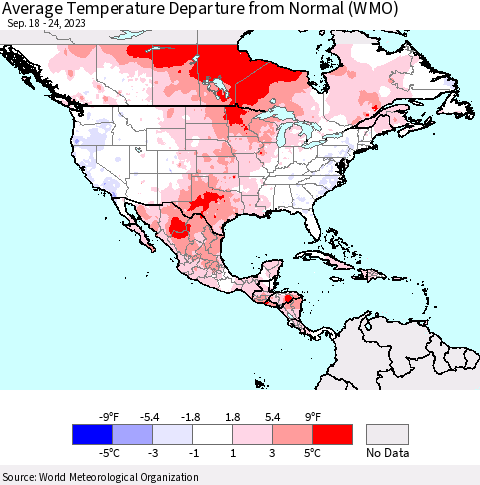 North America Average Temperature Departure from Normal (WMO) Thematic Map For 9/18/2023 - 9/24/2023