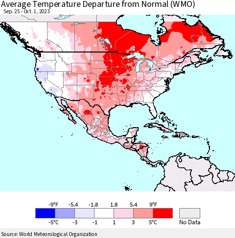 North America Average Temperature Departure from Normal (WMO) Thematic Map For 9/25/2023 - 10/1/2023