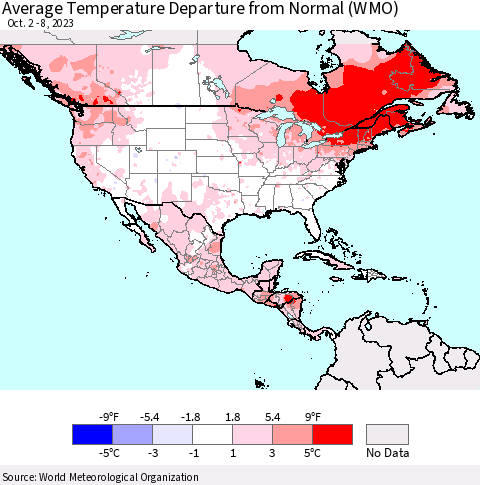 North America Average Temperature Departure from Normal (WMO) Thematic Map For 10/2/2023 - 10/8/2023
