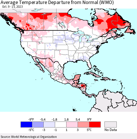 North America Average Temperature Departure from Normal (WMO) Thematic Map For 10/9/2023 - 10/15/2023
