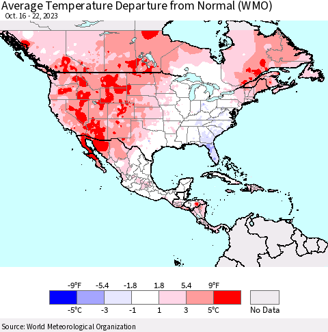North America Average Temperature Departure from Normal (WMO) Thematic Map For 10/16/2023 - 10/22/2023
